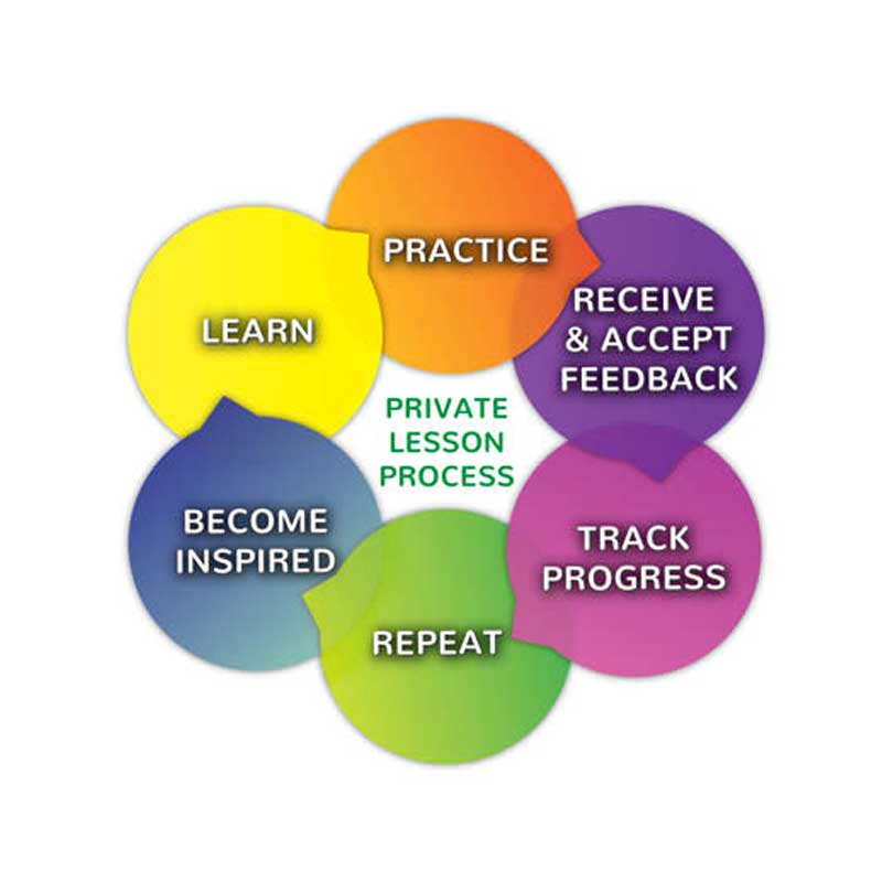 Private lesson process diagram showing how Practicing Musician replicates one-on-one instruction online