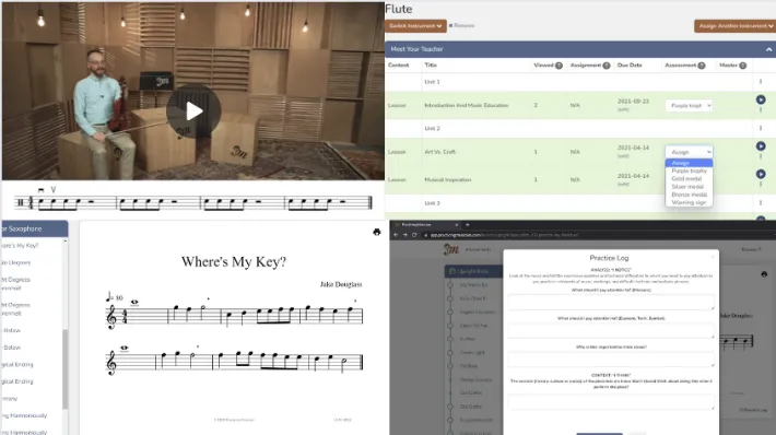 03-28-24 6 – Collage of images showing the unique features of the Practicing Musician platform, such as interactive exercises rs what on line music lessons look like - music education online putting music theory and practice together