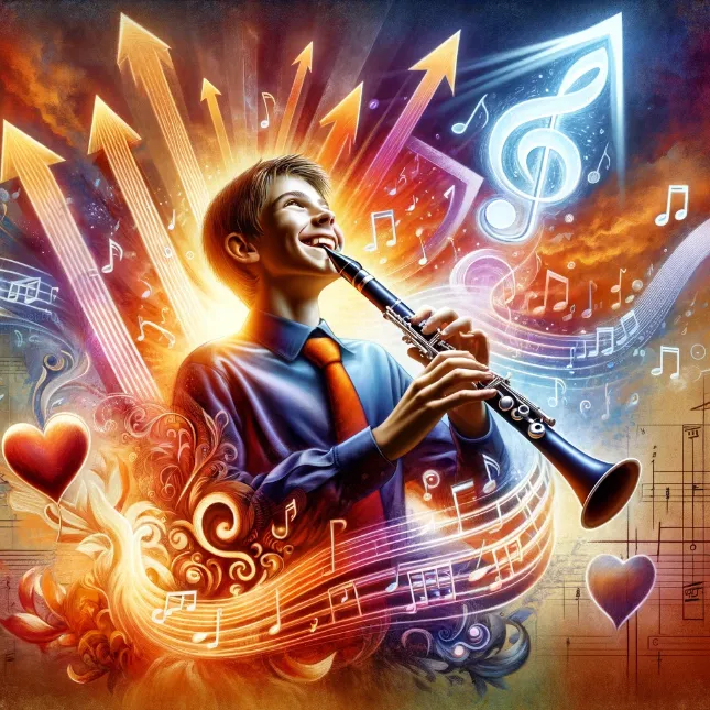 DALL·E 2024-03-29 18.04.01 – A vibrant image of a student joyfully playing a band instrument, such as a clarinet or trumpet, with a broad smile, indicating their enjoyment and pas rs learning music on a budget - Practicing Musician - music lesson options - investing in music education - music lesson factors