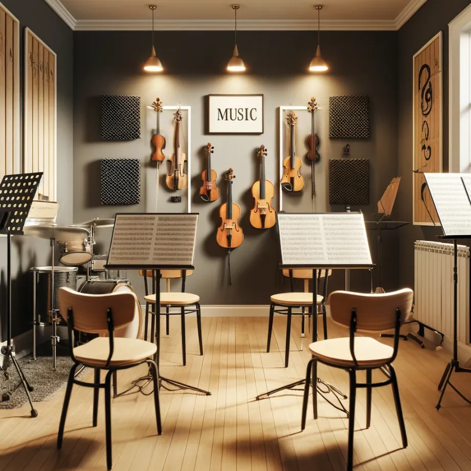 photo of a well-organized and inviting practice space, showcasing elements like proper lighting, comfortable seating, and necessary equipmentrs practice music