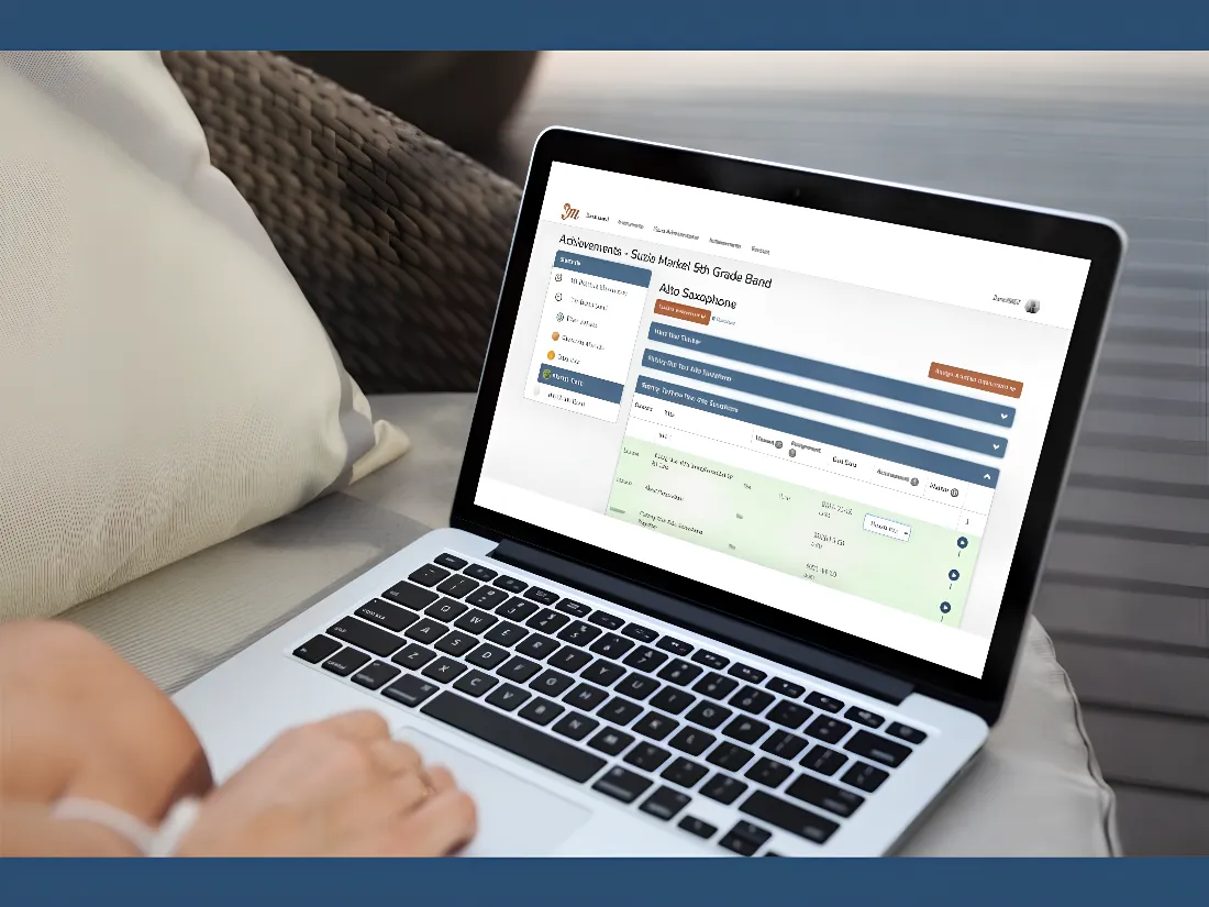 Screenshots of Practicing Musician’s platform interface, highlighting the curriculum resources, video tutorials, and assessment features. Practicing Musician Simplifies the Process