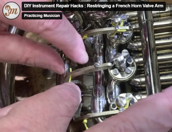 Screenshot 2024-08-30 111351 French Horn Valve Restringing, Locate the small hole on the right side of the lever arm's bottom