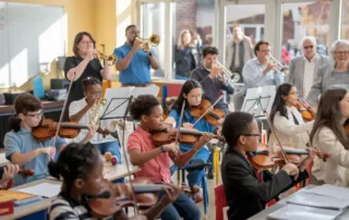 A diverse group of students and teachers making music together in a bright classroom, with instruments ranging from violins to trumpets. Community members visible through windows, showing support. Music Education